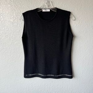 Vintage Longchamp crew neck merino wool fine knit vest with embellished hem
